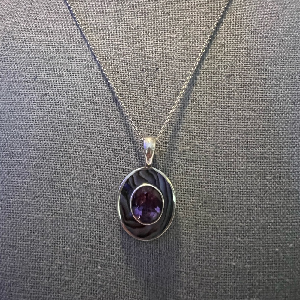 NWOT ACLEONI Peace Abalone n Purple Amethyst .925 Silver Pendant Necklace